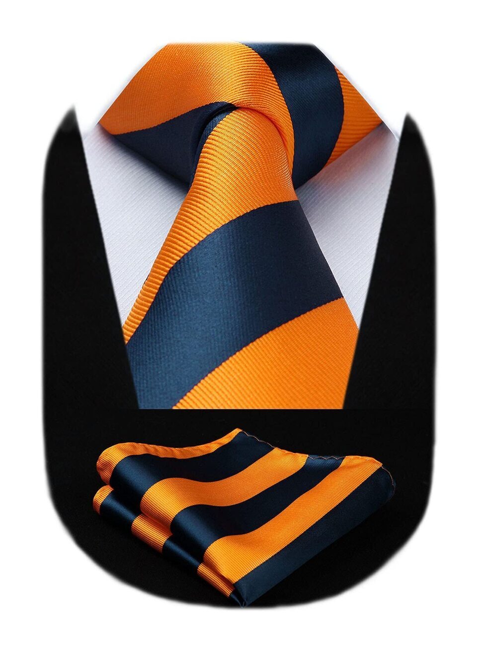 9576 Tie Orange Stripe Tie and Pocket Square Set Formal Orange Navy Striped